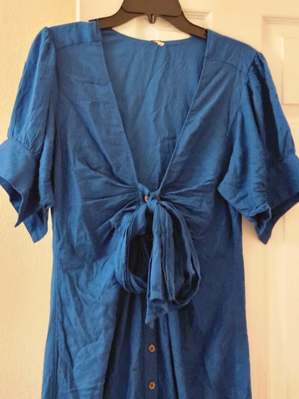 Free People boho Cottagecore linen maxi button down puff sleeve teal dress M - Picture 7 of 8